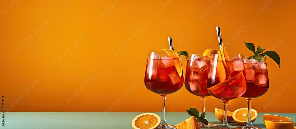 Aufkleber Three elegant wine glasses containing red wine adorned with refreshing orange slices and vibrant mint leaves. with copy space image. Place for adding text or design