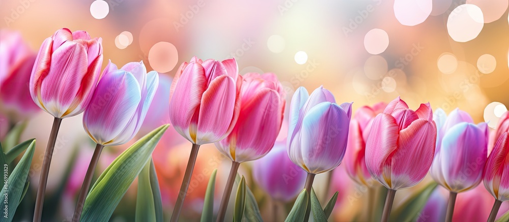 Fototapete numerous pink tulips aligned in a straight line basking in the sun's rays. with copy space image. pl