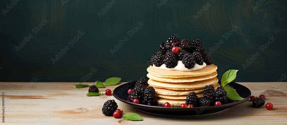 Poster A single pancake topped with juicy blackberries served on a white plate. with copy space image. Place for adding text or design
