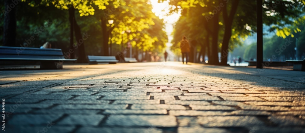 Poster a pedestrian strolling on a sunlit city street close to a park during summertime, with a yellow and 