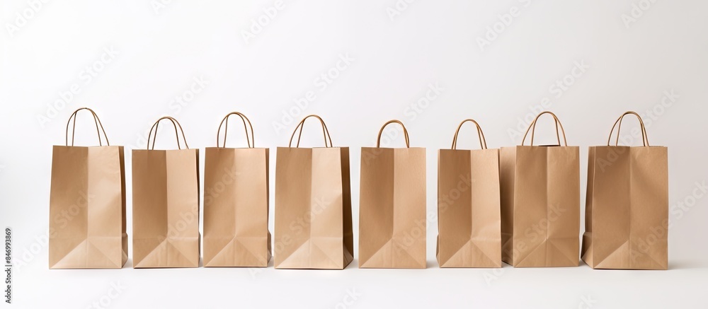 Aufkleber Multiple brown paper bags placed in a row on a clean white surface. with copy space image. Place for adding text or design