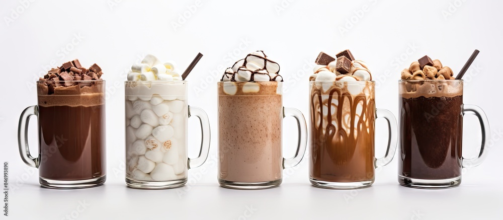 Aufkleber variety of delicious hot chocolate drinks served in glass mugs with different toppings. with copy sp