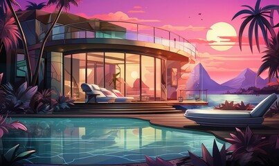 Luxury lifestyle spa flat design, side view, relaxation retreat, cartoon drawing, tetradic color scheme