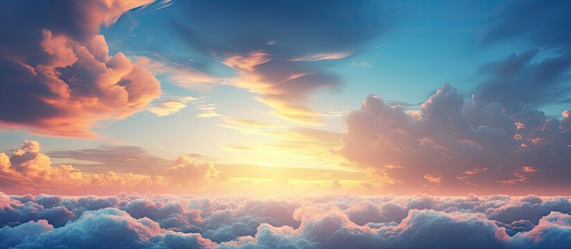 Captivating view of a sunset above the clouds from a plane, with stunning fluffy thunderstorm clouds and dark thunderclouds creating a dramatic weather backdrop. with copy space image