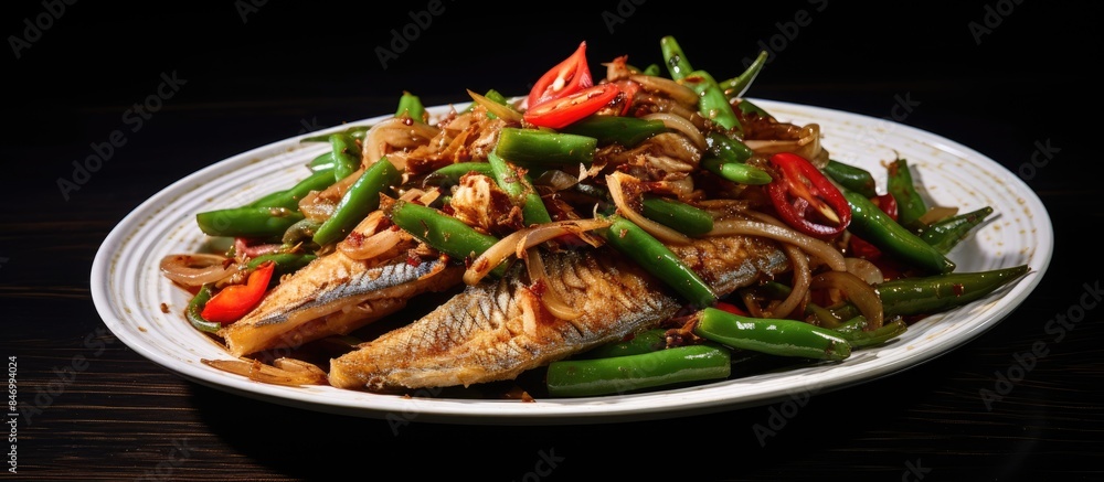 Leinwandbilder Spicy stir-fried mackerel fish with sliced yard long beans and basil leaves served on a plate. with copy space image. Place for adding text or design