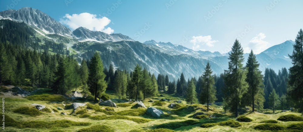 Fototapete A scenic view of a grassy meadow and trees in the foreground with a backdrop of the pine tree-covered mountain slopes. with copy space image. Place for adding text or design