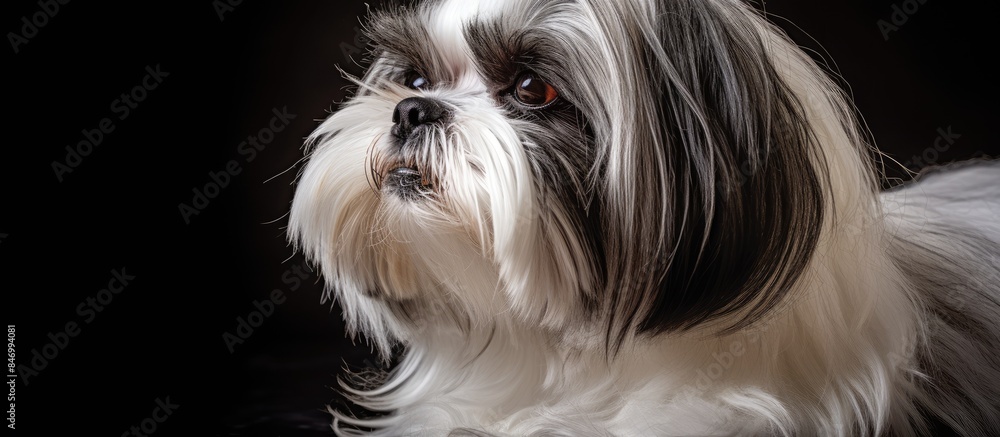 Poster Shih Tzu dog in studio setting showcasing its beautiful long hair and distinct black and white fur. with copy space image. Place for adding text or design
