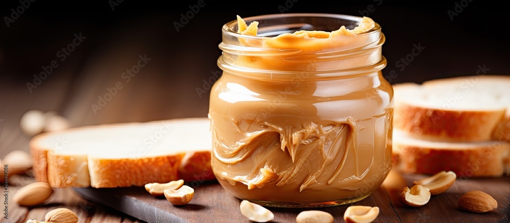 Aufkleber A delicious peanut butter sandwich placed on a table, ready to be enjoyed as a tasty snack or meal. with copy space image. Place for adding text or design