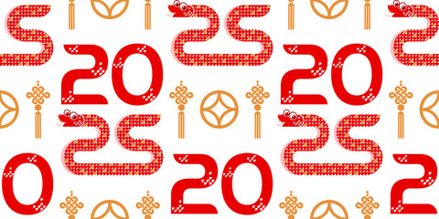 Seamless pattern happy chinese new year 2025 the snake zodiac sign with asian elements paper cut style on color background. ( Translation : happy new year 2024 year of the snake )
