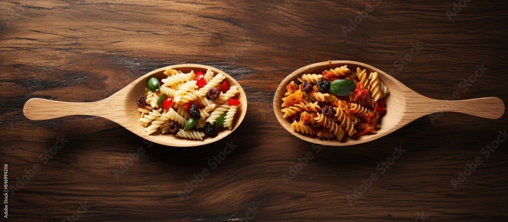 Aufkleber two kitchen utensils made of wood are filled with a mixture of pasta and vegetables and another with