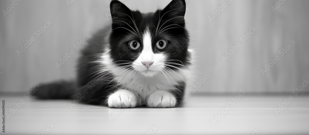 Poster seated cute cat in black and white colors gazing at the camera. with copy space image. place for add