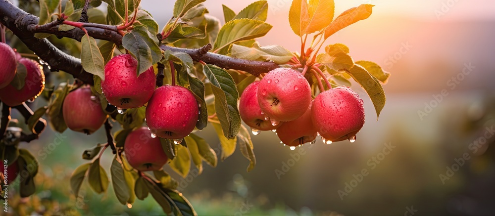 Poster red apples glisten with dew on tree branches in a picturesque orchard during sunrise, featuring vari