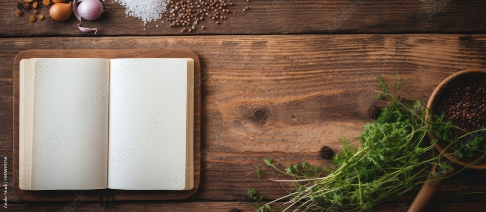 Aufkleber an open recipe book with empty pages placed on a grey wooden background, encircled by an assortment 
