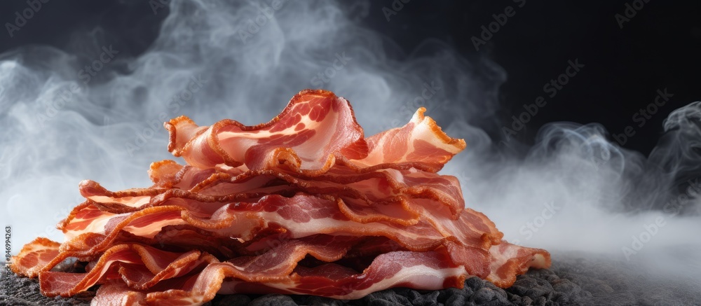 Aufkleber Close-up view of a mound of bacon strips placed on a black textured surface. with copy space image. Place for adding text or design