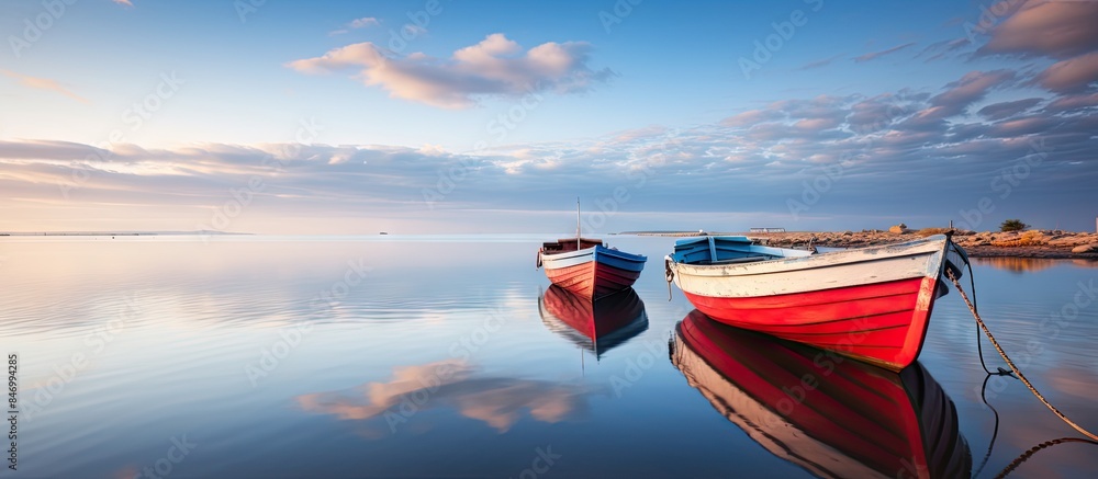 Poster Several boats are moored along the coastline under a cloudy sky, creating a serene coastal scene with a tranquil atmosphere. with copy space image. Place for adding text or design