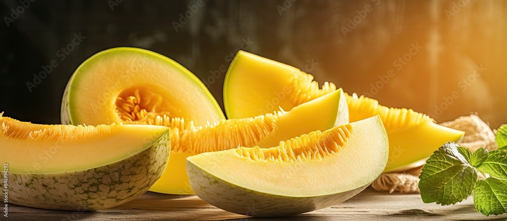 Poster juicy melon pieces arranged on a wooden cutting board, showcasing vibrant hues and textures. with co