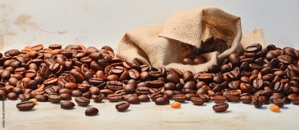 Poster Close-up view of a bag of coffee beans with scattered coffee beans, various types displayed on crumpled paper. with copy space image. Place for adding text or design