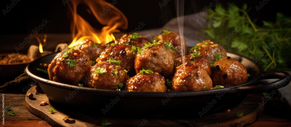 Poster sizzling meatballs cook close to a fiery backdrop, showcasing their deliciousness. with copy space i