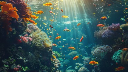 Naklejka premium A colorful underwater scene with many fish swimming around