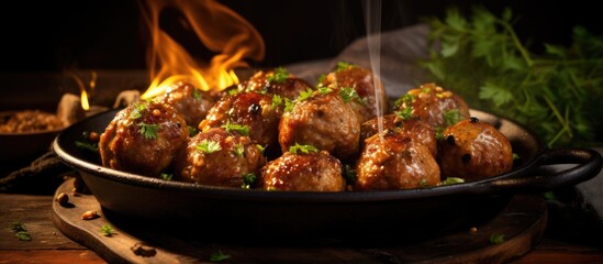 Sizzling meatballs cook close to a fiery backdrop, showcasing their deliciousness. with copy space image. Place for adding text or design