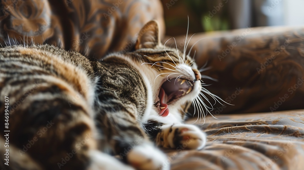 Poster brown and white cat yawning on a sofa close up : generative ai