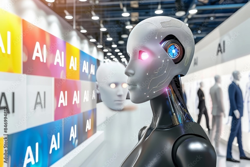 Poster futuristic humanoid robot with ai enhancements, showcased at a tech exhibition, representing advance