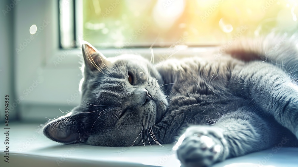 Poster a beautiful gray cat lies on a window in a ray of sun he is relaxed and enjoys the warmth : generati