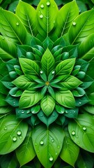 Fototapeta premium symmetrical mandala-like arrangement of green leaves, water droplets on them. concepts: environmental campaigns or websites promoting sustainability, natural eco-friendly products or organic food.
