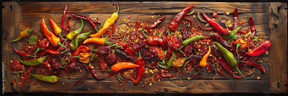 Aufkleber an assortment of fresh and dried chili peppers of various colors and sizes lie scattered on a rustic