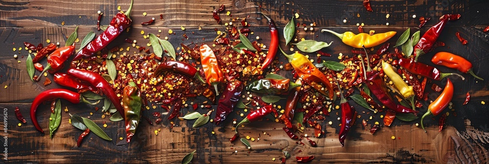 Poster a vibrant collection of fresh and dried chili peppers in various colors and shapes, scattered on a r