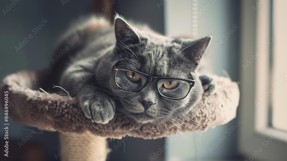 Poster gray cat wearing glasses laying on a cat tree with face looking down with cool pose : generative ai