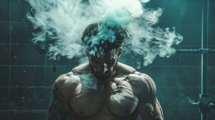 A muscular man stands in a dark room, his head and chest obscured by plumes of smoke.