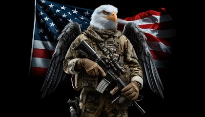 Patriotic Military Eagle with Weapon and American Flag