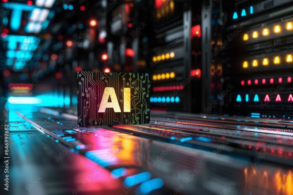 Poster advanced ai server room with vibrant lights futuristic data center digital infrastructure modern tec