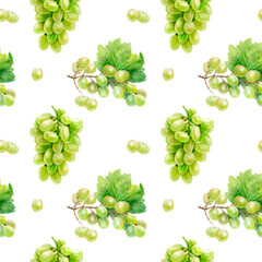 Create a lively design with green grapes and leaves in a seamless watercolor pattern