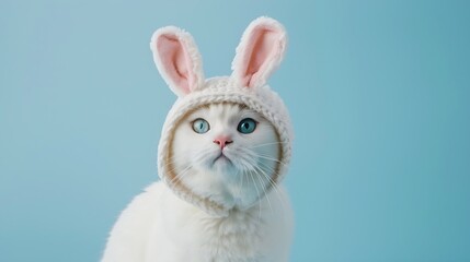 Obraz premium Portrait of cute white cat in hat with bunny ears on blue background : Generative AI