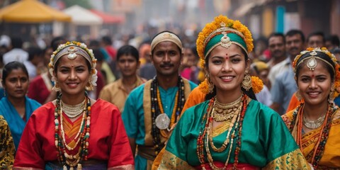 Group of Indian dancers in colorful attire, smiling amidst a vibrant cultural celebration