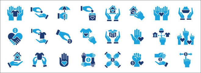 Donation and charity icon set. Fund donate sign. Clothe, home and food donation icons set. Volunteer symbol. Vector stock icons collection in flat solid two colors style design.