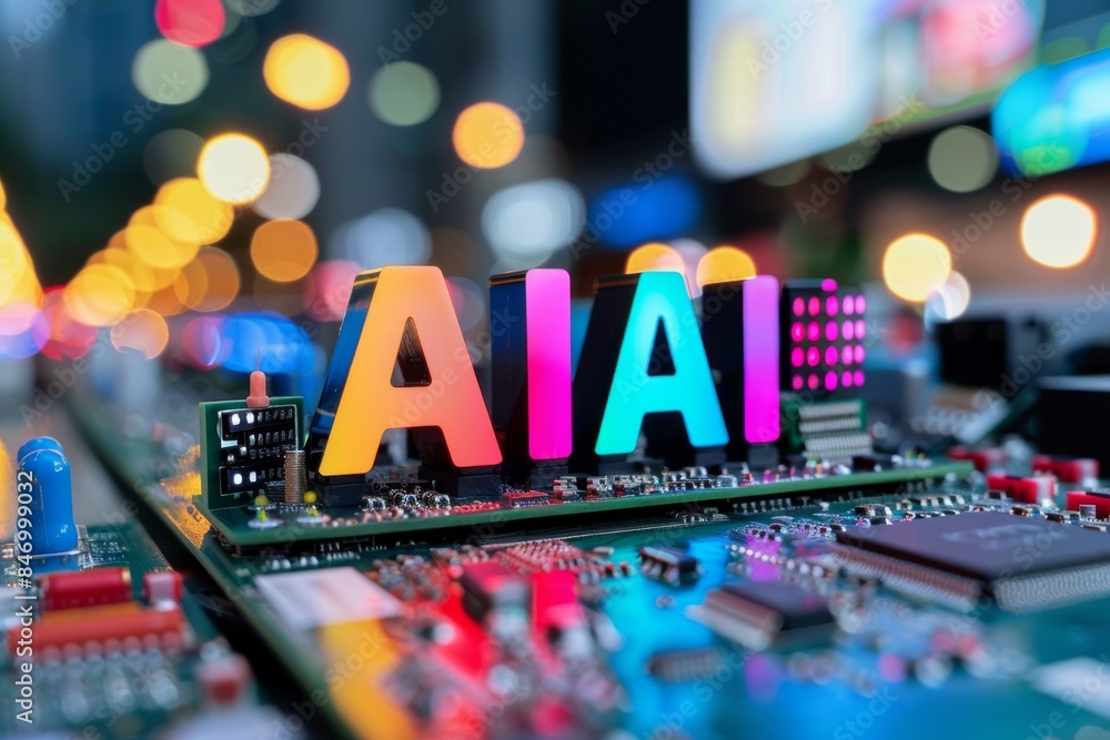 Poster futuristic ai interface with colorful letters modern technology digital innovation advanced design v