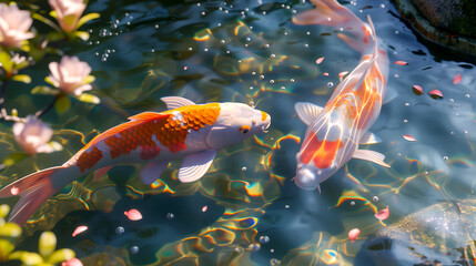 Graceful Koi Fish in a Tranquil Pond Surrounded by Blossoms