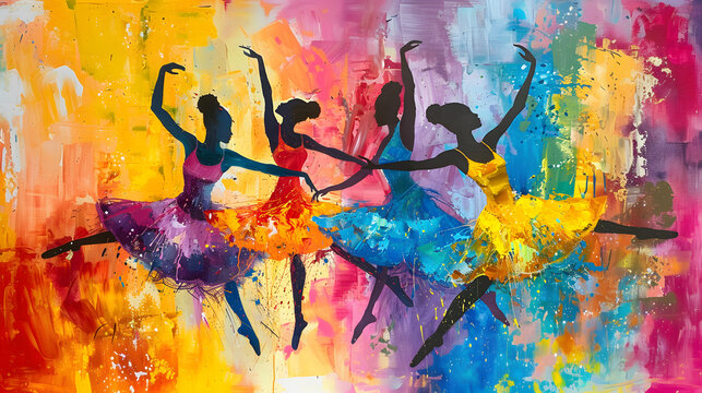 Abstract Ballet Girls Oil Painting On Canvas - Ballerina Dress Dancer Textured Hand Painted Panoramic Painting - African girls dancing illustration watercolor wall art