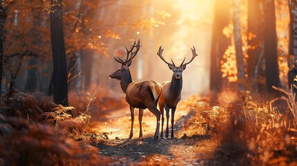 Deer on a forest path during sunrise in early autumn : Generative AI