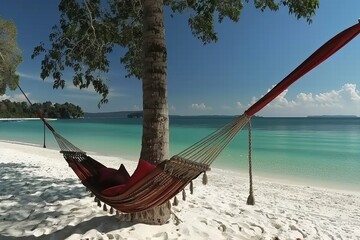 Tropical paradise  hammock on palm tree beach, offering relaxation by turquoise waters