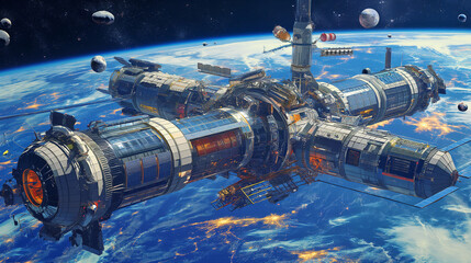 Spaceship floating outer space. There are asteroids all around