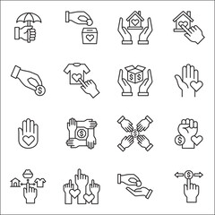 Donation and charity icon set. Clothe, home and food donation icons set. Fund donate sign. Volunteer symbol. Vector stock icons collection in thin line style design.