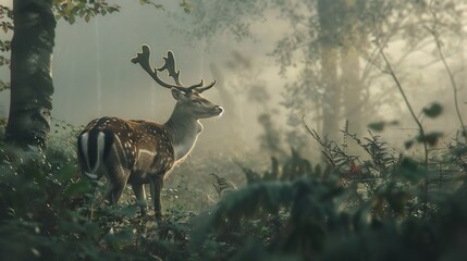 Golden light wildlife portrait of a male spotted fallow deer stag dama dama in a misty foggy and atmospheric English countryside forest : Generative AI
