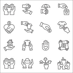 Donation and charity icon set. Clothe, home and food donation icons set. Fund donate sign. Volunteer symbol. Vector stock icons collection in thin line style design.
