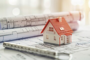 Miniature house on architectural blueprints with ruler in foreground. This conceptual image represents home design and construction planning. Ideal for real estate and architecture content