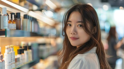 Asian young woman with long brown hair smiles at the camera while shopping for beauty products in a store filled with lotions, creams, and more.