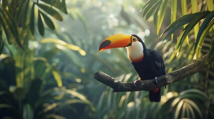 Obraz premium Toucan tropical bird sitting on a tree branch in natural wildlife environment in rainforest jungle : Generative AI